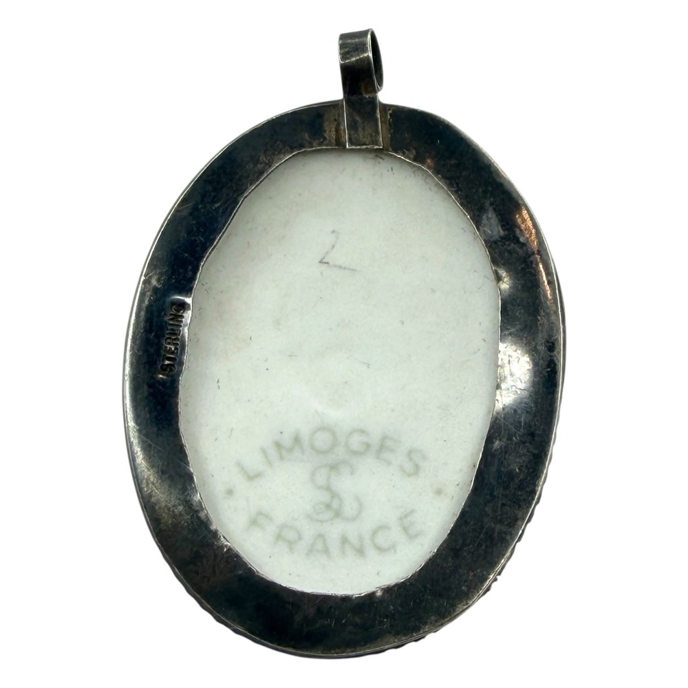 Limoges Pendant Sterling Silver Large White Porcelain Oval France Vintage 9.5g - Picture 2 of 6